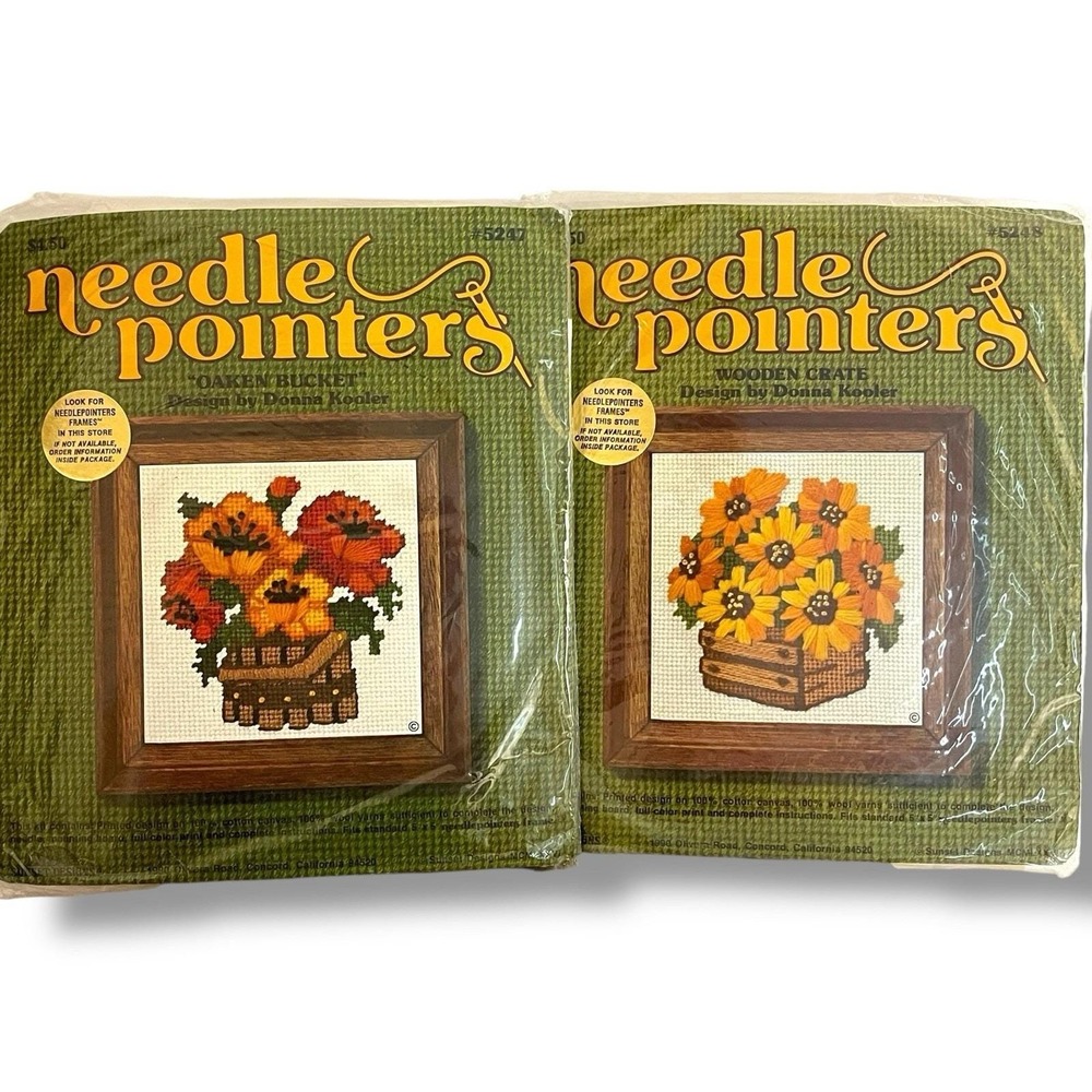 Sunset Designs Needle Pointers #5247 Oaken Bucket &  #5248 Wooden Crate Vintage